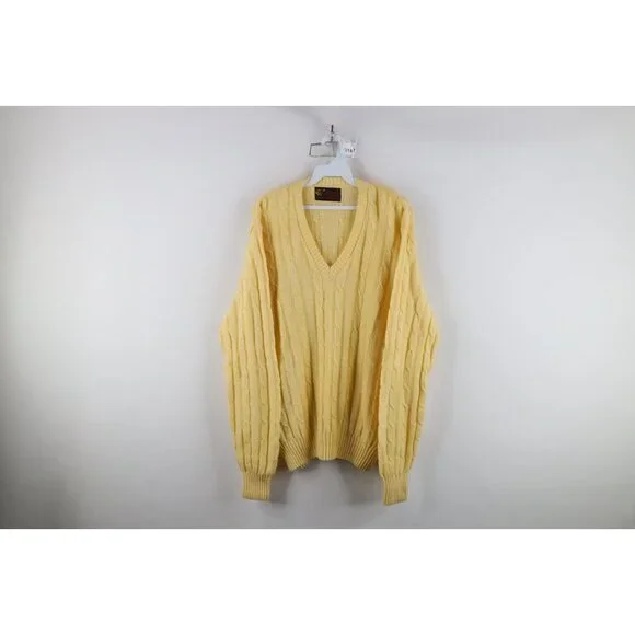 Vtg 70s Streetwear Mens Large Blank Chunky Cable Knit V-Neck Sweater Yellow USA - Picture 1 of 10